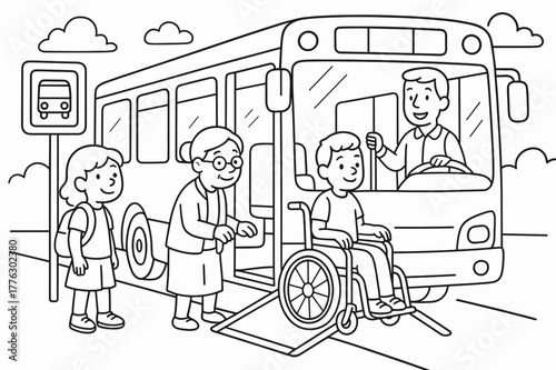 Accessible Transport Coloring. Accessible public transport stop children?s coloring book illustration, outlined drawing, a bus with a fold-out ramp and
