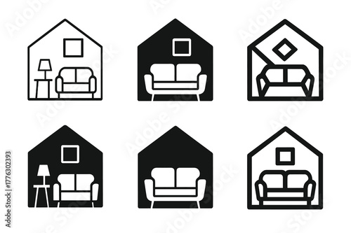 Stylish Staging Logos. Home staging for selling. Set Logo of home staging for selling: furnished living room setup. Icon set. harmonious logo variations of the