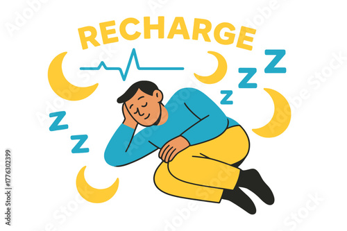 Restful Sleep Illustration. Better Sleep & Recovery. A calm figure rests as floating moon icons and gentle Z-shapes overlap. ?Recharge? glows softly above a