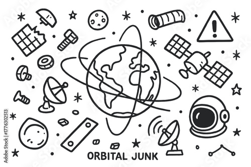Orbital Junk Doodle. Orbital junk. Hand-drawn doodle illustration orbital junk satellites, bolts, metal plates, rocket parts, Earth orbit, radar dish, warning