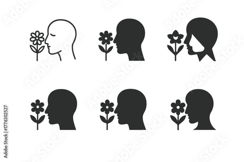 Flower Scent Logos. Smelling fresh flowers from a bouquet. Set Logo of Smelling fresh flowers from a bouquet: face profile smelling bouquet. Icon