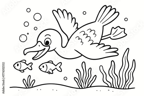 Cormorant Underwater Adventure. Cormorant diving children?s coloring book illustration, outlined drawing, a cheerful cormorant underwater chasing fish with