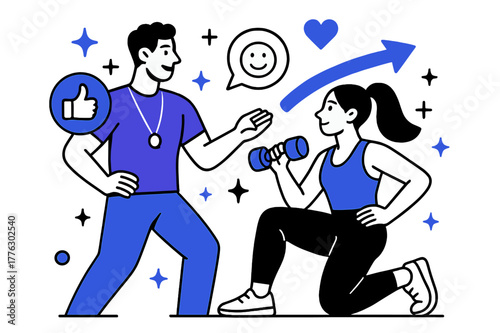 Dynamic Fitness Coaching. Fitness training and personal coaching. Personal trainer giving one-on-one fitness guidance with abstract floating icons, arrows, and