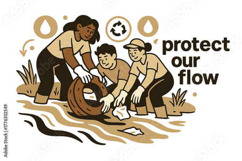 River Cleanup Action. River Ecosystem ? River Cleanup. Volunteers lift debris with gloved hands; floating icons of recycling and water drops circle around.