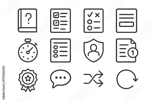 Assessment Icon Set. Assessments and quizzes. Line icon set of assessments: question bank, multiple choice, true false, short answer, timer, answer sheet,