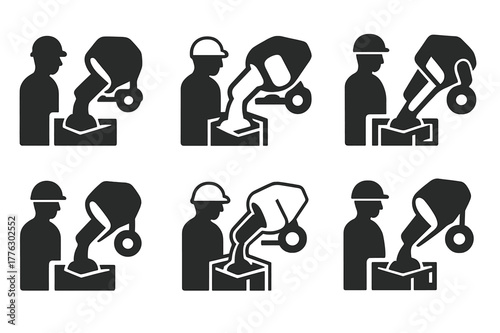 Concrete Truck Logos. Concrete truck drivers delivering materials to sites. Set Logo of delivery chute pouring into formwork: Filled silhouette, Negative