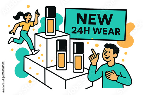 Shelf Display Showcase. Shelf Display Mockup. Tiered risers present bottles at clean angles; a bold card proclaims ?NEW ? 24H Wear.? Confetti dots sparkle like