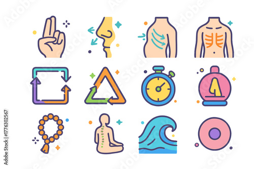 Pranayama Techniques Icons. Pranayama techniques. Colorful isometric vector icons set of pranayama techniques: alternate nostril hand mudra, nasal airflow