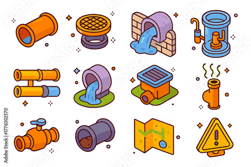 Colorful Sewage Icon Set. Sewage. Colorful isometric vector icons set of Sewage: sewer pipe, manhole cover, wastewater flow, lift station pump, combined sewer,