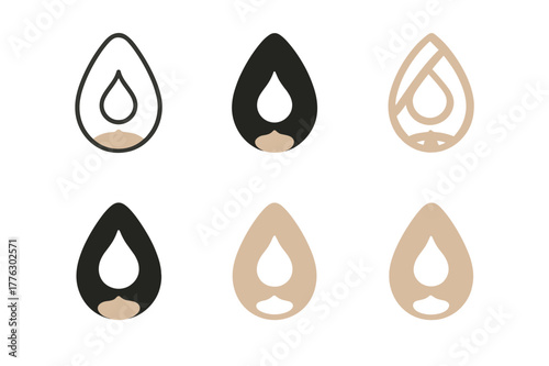 Beauty Blender Logos. Beauty blender and foundation. Set Logo of beauty sponge: teardrop blender with dewy droplet. Icon set. harmonious logo variations of the