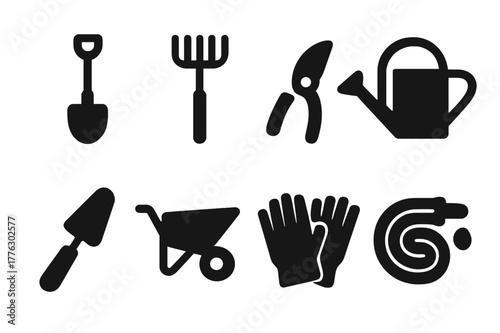 Garden Tools Icons. Garden tools. Filled icon set of garden tools: shovel, rake, pruning shears, watering can,