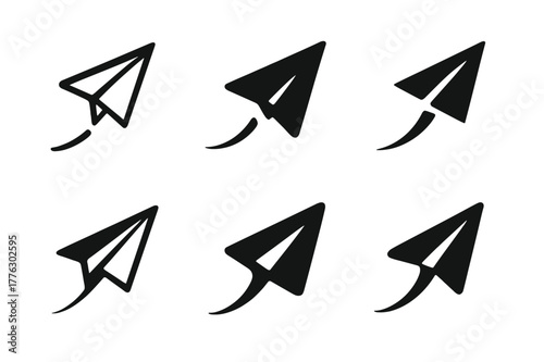 Innovative Startup Logos. Startups and innovation. Set Logo of startups and innovation: paper airplane with a rising trajectory arc. Icon set. harmonious logo