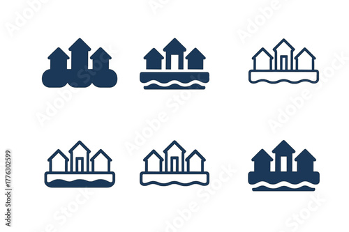 Floating Neighborhood Logos. Floating neighborhoods. Set Logo of floating neighborhoods: modular pontoon platform. Icon set. harmonious logo variations of the
