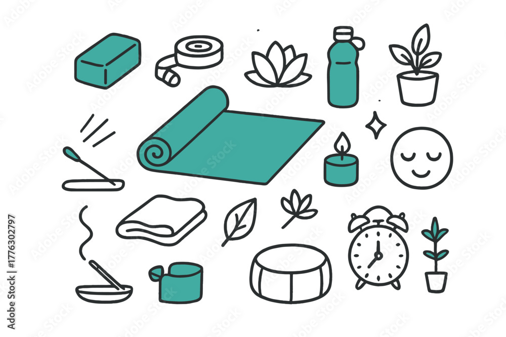 Fototapeta premium Yoga Essentials Doodle. Yoga flow setup. Hand-drawn doodle illustration yoga flow setup [yoga mat (accented), block (accented), strap, water bottle (accented),