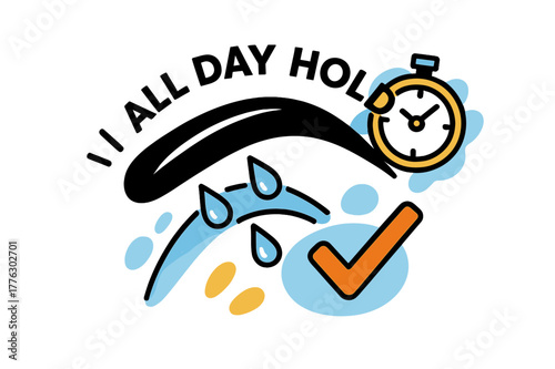 Waterproof Eyebrow Test. Eyebrow pencil and gel ? Waterproof test. Droplet icons bounce off a polished arch; stopwatch and checkmark hover nearby. ?ALL DAY