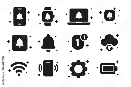 Digital Reminder Icons. Digital Reminders. Solid icons set of Digital Reminders: smartphone, smartwatch, laptop, desktop notification, app icon, push bell,