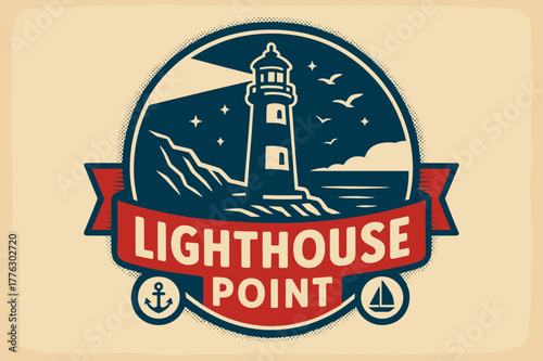 Lighthouse Retro Poster. Lighthouse Point ? Retro Poster; lettering: bold rounded; composition: ribboned seal with side icons; effects: halftone rim + gentle