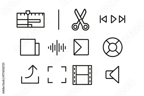 Video Editing Icons. Video Editing. Line icon set of Video Editing: timeline, playhead, scissors cut, playback controls, clip segment, sound wave, transition