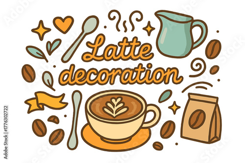 Latte Art Illustration. Latte decoration. Hand-drawn doodle illustration of latte decoration. Coffee cup, foam