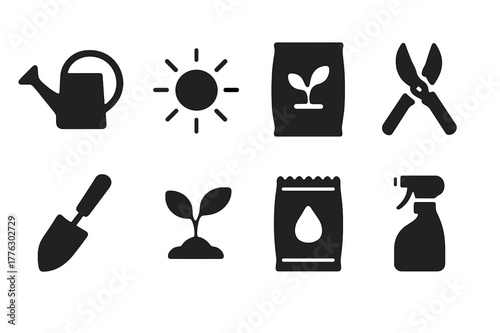 Plant Care Icons. Plant care. Filled icon set of plant care: watering can, sunlight icon, fertilizer bag,