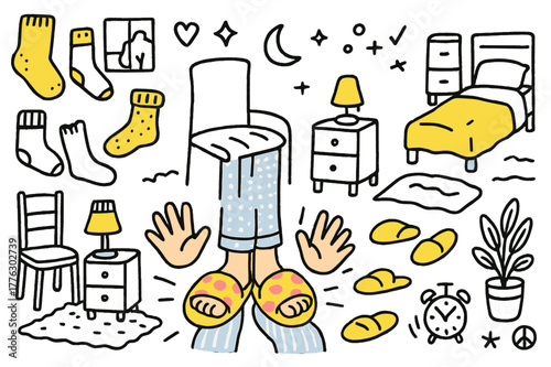Cozy Bedroom Essentials. Comfy feet. Hand-drawn doodle illustration slippers (colored), feet (colored), hands (colored), socks (colored), chair (colored), cozy