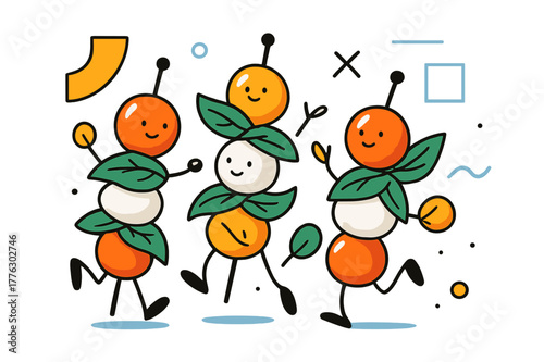 Vibrant Caprese Art. Caprese Skewers. Colorful caprese skewers with cherry tomatoes, mozzarella, and basil leaves with floating abstract geometric shapes,