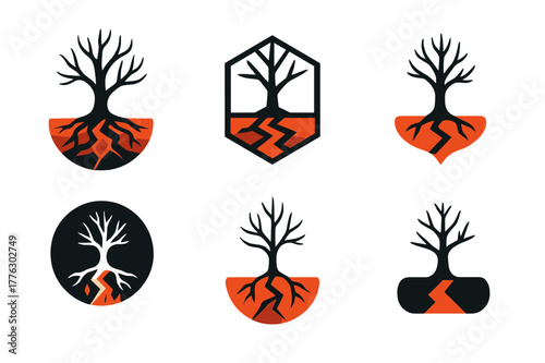 Hellscape Tree Logos. blackened trees in hellscape. Set Logo of blackened trees in hellscape: Roots straddling lava fissure. Icon set. harmonious