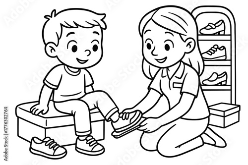 Shoe Fitting Fun. Shoe fitting children?s coloring book illustration, outlined drawing, child trying on shoes