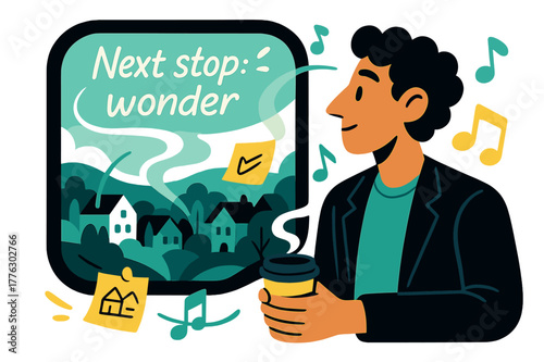 Wonder in Motion. Train window reflections. He watches towns slide by as notes and sketches float on the glass; ?Next stop: wonder? curves in the fogged pane.