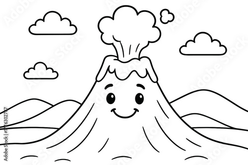 Friendly Volcano Coloring. Volcano children?s coloring book illustration, outlined drawing, a friendly volcano with a smiling face and a gentle puff of ash