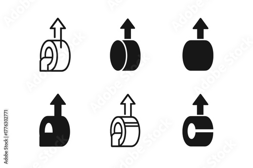 MRI Logo Variations. MRI machine. Set Logo of MRI machine: quench pipe with vent arrow. Icon set. harmonious logo variations of the same emblematic concept,