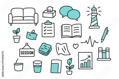 Couples Therapy Icons. Couples therapy & support. Hand-drawn doodle illustration couples therapy & support [sofa (accented), therapist clipboard (accented),