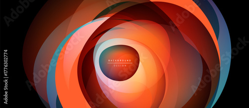 Abstract swirling layers, warm orange hues dominate. Center glows softly, creating dynamic visual effect. Modern design element.