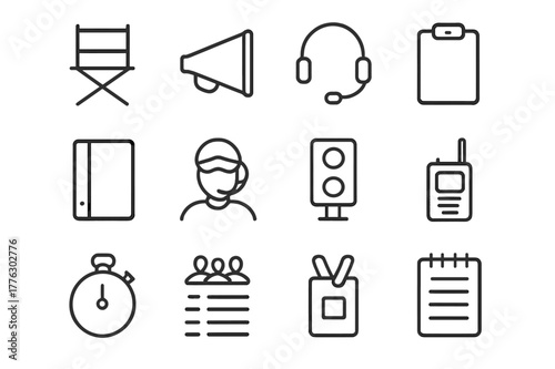 Director's Tools Icon Set. Director and Crew. Line icon set of Director and Crew: director chair, megaphone, headset, clipboard, script binder, stage manager,