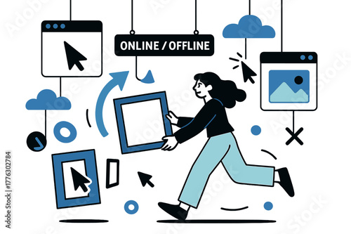 Digital Art Ballet. Post-Internet / net art. Windows, tabs, and cursors float like mobiles; ?Online / Offline? hangs between two clouds. A viewer drags a