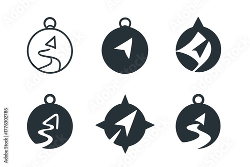 Compass Guidance Logos. Encore careers (second careers after retirement). Set Logo of compass guiding path: Minimal outline, Filled silhouette, Abstract