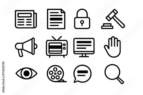 Censored Journalism Icons. Censored journalism. Line outline icon set of censored journalism: newspaper,