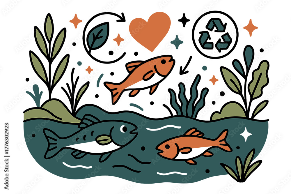 Obraz premium Dynamic River Ecosystem. Ecology. River ecosystem with fish, plants, and abstract floating icons and sparkles; conveys aquatic life, environmental awareness,
