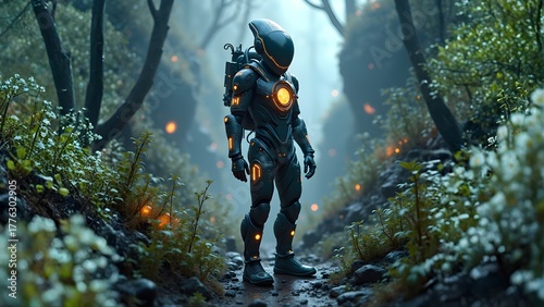 future suit in the jungle of another planet