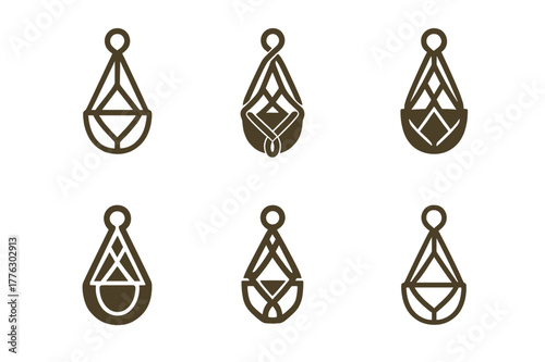 Macrame Hanger Logos. DIY home decor projects and tutorials. Set Logo of macrame hanger: knotted plant holder with pot. Icon set. harmonious logo variations of