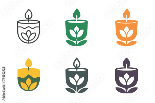 Creative Candle Logos. Candle making with unique scents and colors. Set Logo of Candle making: flower-infused candle cup. Icon set. harmonious logo variations