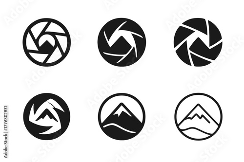 Mountain Logo Collection. Photography and capturing scenic views. Set Logo of Photography and capturing scenic views: aperture iris with mountain peak. Icon