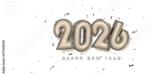 Elegant Metallic 2026 Numbers With Happy New Year Text And Confetti On White Background. Minimal Luxury Holiday Celebration Design For Greeting Cards And Banners. Vector Illustration