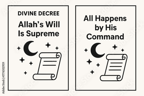 Divine Decree Banners. Divine Decree. Two vertical A6 banners with safe margins, centered composition, no elements touching edges, flat vector design, black