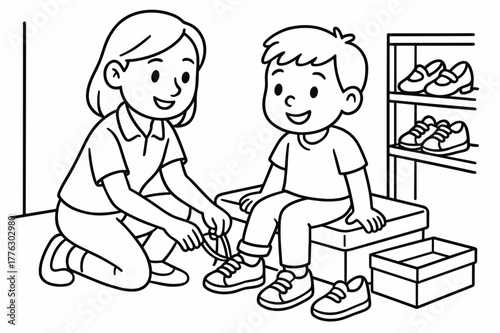 Shoe Fitting Fun. Shoe fitting children?s coloring book illustration, outlined drawing, child trying on shoes