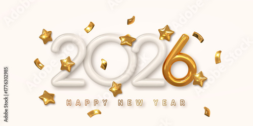 Golden 2026 Numbers With Happy New Year Text And Shiny Stars On Light Background. Festive Luxury Holiday Celebration Design For Party Or Greeting Card. Vector Illustration