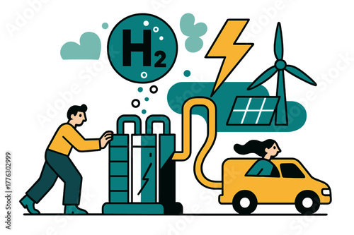 Green Hydrogen Ecosystem. Green Hydrogen Production. Electrolyzer stacks hum; bubbles lift into an ?H?? badge while a lightning icon feeds from solar and wind