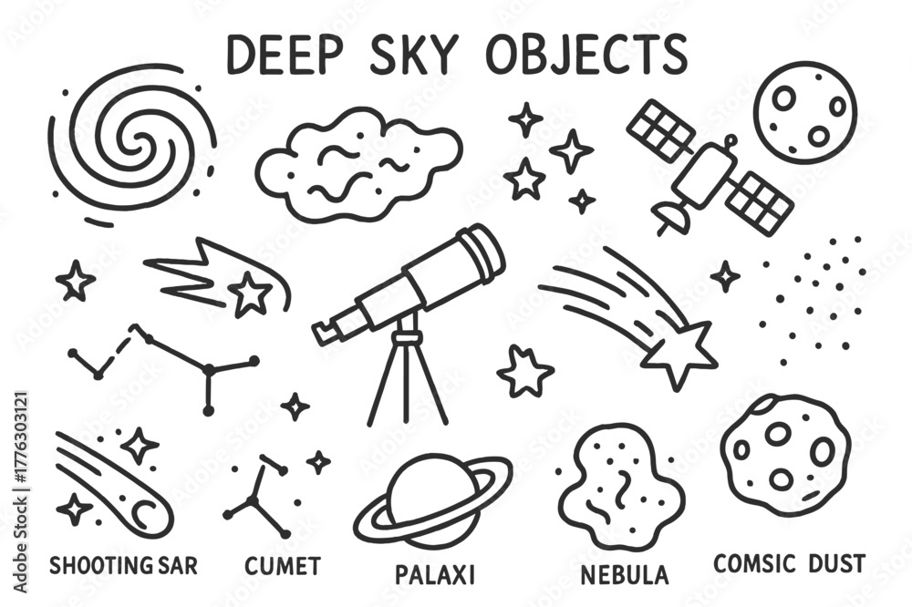 Fototapeta premium Celestial Doodle Collection. Deep sky objects. Hand-drawn doodle illustration deep sky objects galaxy spiral, nebula cloud, star cluster, telescope, shooting