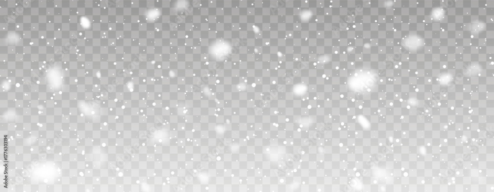 Naklejka premium Falling Snow On Transparent Background With Soft White Light Glow. Winter Cold Season Concept Perfect For Christmas And Holiday Design Projects. Vector Illustration