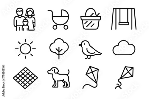 Family Park Icons. Family park day. Line icon set of family park day: parents, child, stroller, picnic basket, swing, sun, tree, bird, cloud, blanket, dog,